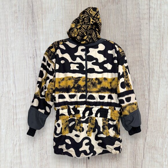 Vintage 90s Obermeyer Ski Jacket Abstract Animal Print Black Gold Beige Hood 6 - Picture 3 of 7